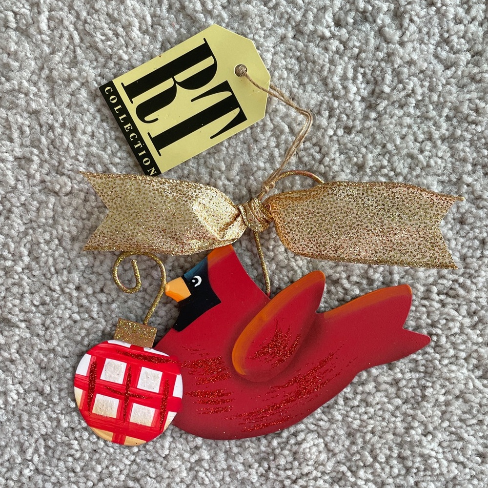 The Round Top Collection RT Red Cardinal Glitter Gold Bow Metal Ornament